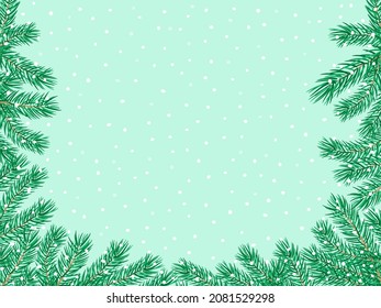 Background with falling snow and fir branches. New Year banner blank template for text. Vector illustration.