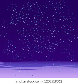Background of falling snow on the night sky. Winter backdrop for banner, greeting, Christmas and New Year card, invitation, postcard. Vector illustration