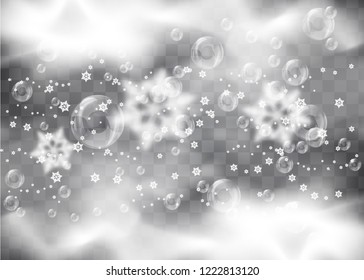 background with falling snowflakes on a transparent background. realistic bubbles and white smoke on a transparent background. Realistic Soap or Water Bubbles
