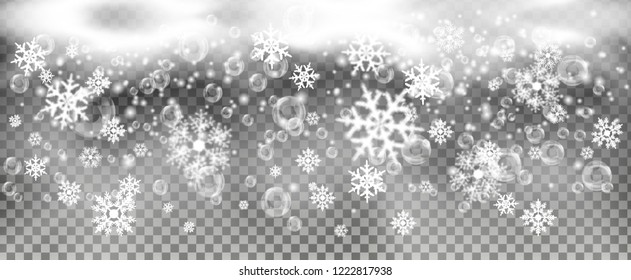 background with falling snowflakes on a transparent background. realistic bubbles and white smoke on a transparent background. Realistic Soap or Water Bubbles