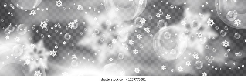 background with falling snowflakes on a transparent background. realistic bubbles and white smoke on a transparent background. Realistic Soap or Water Bubbles