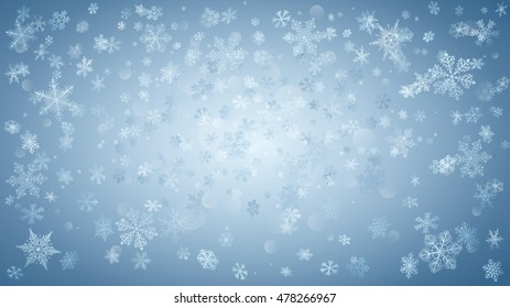 Hintergrund von fallenden weißen Schneeflocken auf hellblauem Hintergrund