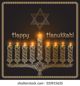 Background of famous symbols for the Jewish Holiday Hanukkah. Outline drawing in zentangle style
