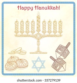 Background of famous symbols for the Jewish Holiday Hanukkah. Outline drawing in zentangle style 
