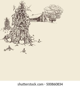 Background with farmhouse, cornstalks and oak tree.
Hand drawn vector illustration in sepia color.
