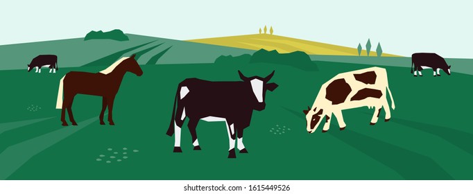 Antecedentes para la ganadería. Dibujo vectorial de vacas y caballos en pastos. Animales de granja en el campo agrícola. Paisaje rural con ganado lechero. Diseño para volante, afiche, banner.