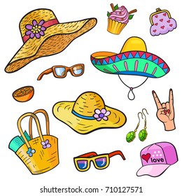 Background with fashion accessories patch badges. Hats, cap, purse, bracelet, spectacles, sunglasses, hand gesture, earrings and other. Comic book style vector stickers, pins, patches, illustration
