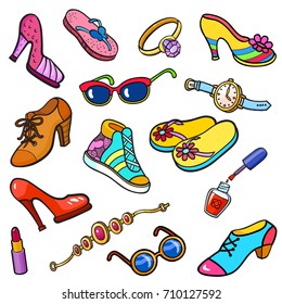 Background with fashion accessories patch badges. Shoes, footwear, bracelet, ring, watch, flip-flops, sneaker, sunglasses and other. Comic book style vector stickers, pins, patches, illustration
