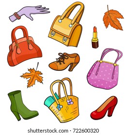 Background with fashion accessories patch badges. Shoes, footwear, lipstick, hand in a glove, handbag, boots, autumn leaves and other. Comic book style vector stickers, pins, patches, illustration