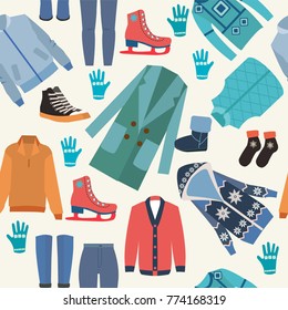 Background with fashion clothes collection of winter sweaters, knitted woolen Winter hat, scarves, socks and mittens vector illustration pattern. 