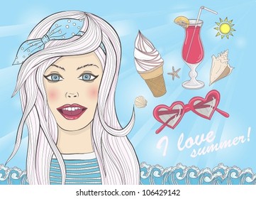 Background with fashion girl and summer elements. Summer holiday postcard with girl, iceream, coctail, sun, waves and seashells.