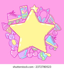 Background with fashion girlish items. Colorful cute teenage illustration.
