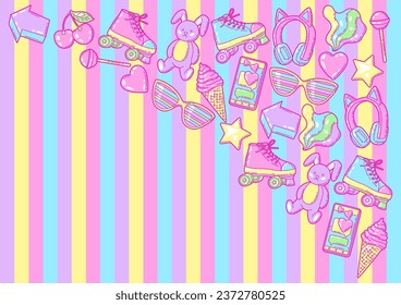 Background with fashion girlish items. Colorful cute teenage illustration.