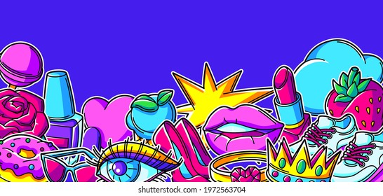 Background with fashion girlish patches. Colorful cute teenage illustration.