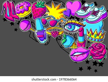 Background with fashion girlish patches. Colorful cute teenage illustration.