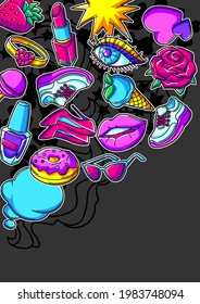 Background with fashion girlish patches. Colorful cute teenage illustration.