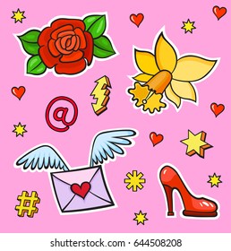 Background with fashion patch badges. Flowers, shoes, envelope with a letter and other. Comic book style vector stickers, pins, patches