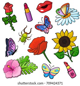 Background with fashion patch badges. Flowers, lipsticks, butterflies, beetle, lips and other. Comic book style vector stickers, pins, patches, illustration
