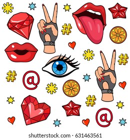 Background with fashion patch badges. Lips, hearts, hand gesture, eyes and other elements. Comic book style vector stickers, pins, patches, illustrations