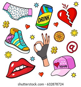 Background with fashion patch badges. Lips, hearts, hand gesture, shoe, baseball cap and other elements. Comic book style vector stickers, pins, patches, illustrations