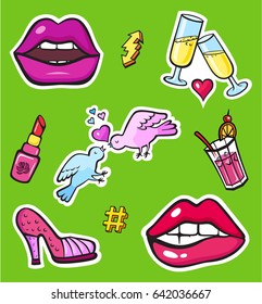 Background with fashion patch badges. Lips, heart, birds and other. Comic book style vector stickers, pins, patches
