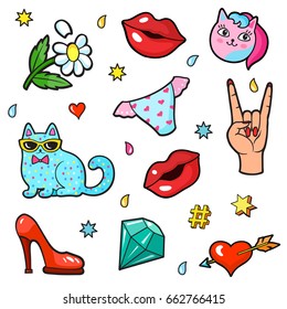 Background with fashion patch badges. Lips, hearts, hand gesture, shoe, cats and other elements. Comic book style vector stickers, pins, patches, illustrations