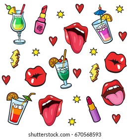 Background with fashion patch badges. Lips, hearts, lipstick, cocktails, stars. Comic book style vector stickers, pins, patches, illustrations