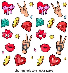 Background with fashion patch badges. Lips, hearts, hand gesture, crystals, electric lightning. Comic book style vector stickers, pins, patches, illustrations