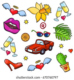 Background with fashion patch badges. Lips, hearts, shoe, sunglasses, car and other elements. Comic book style vector stickers, pins, patches, illustrations