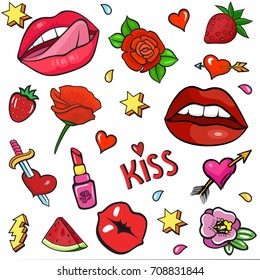 Background with fashion patch badges. Lips, hearts, lipstick, strawberries, stars, watermelon, poppy, rose and other. Comic book style vector stickers, pins, patches, illustration