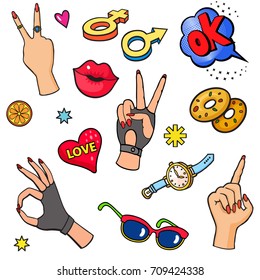 Background with fashion patch badges. Lips, hearts, love, exclamation, donuts, hand gesture, sunglasses, watch and other. Comic book style vector stickers, pins, patches, illustration