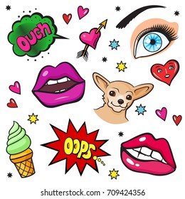 Background with fashion patch badges. Lips, hearts, exclamations, ice cream, stars, dog, eye and other. Comic book style vector stickers, pins, patches, illustration
