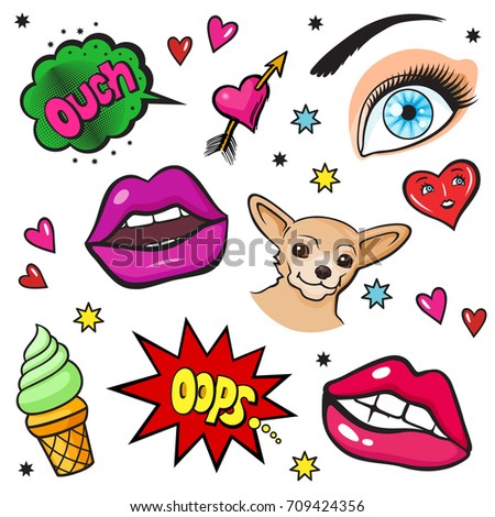 Background with fashion patch badges. Lips, hearts, exclamations, ice cream, stars, dog, eye and other. Comic book style vector stickers, pins, patches, illustration
