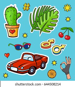 Background with fashion patch badges. Retro car, tropic leaves, cactus and other. Comic book style vector stickers, pins, patches