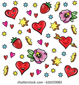 Background with fashion patch badges. Strawberries, hearts, stars, and other elements. Vector stickers, pins, patches, illustrations in cartoon 80s-90s comic style.