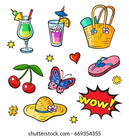 Background with fashion tropic patch badges. Hat, heart, cherries, cocktails; beach bag; butterfly and other elements. Comic book style vector stickers, pins, patches, illustrations