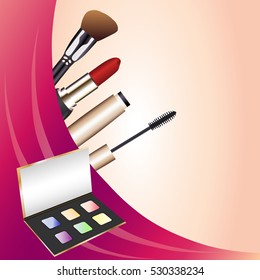 background with fashionable accessories, cosmetics: mascara, lipstick, eyeshadow, brush