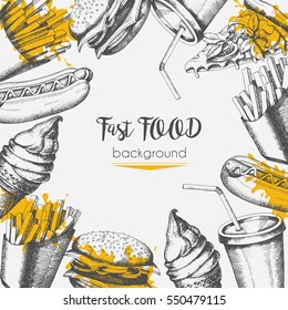 Background with fast food hand-drawn objects. Sketch, engraving, hatching. Vector Design elements for menu or advertising.