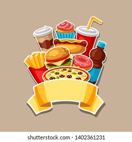 Background with fast food meal. Tasty fastfood lunch products. Design for menu or advertising.