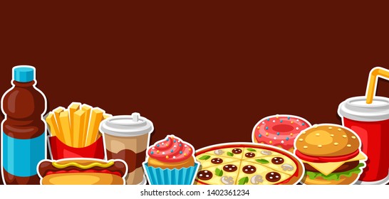 Background with fast food meal. Tasty fastfood lunch products. Design for menu or advertising.