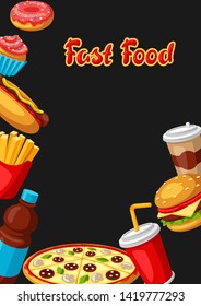 Background with fast food meal. Tasty fastfood lunch products. Design for menu or advertising.