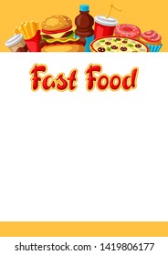 Background with fast food meal. Tasty fastfood lunch products. Design for menu or advertising.
