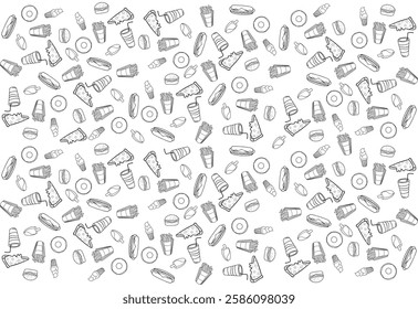 background fast food pattern or junk food pattern, sketch outline black and white seamless vector fast food