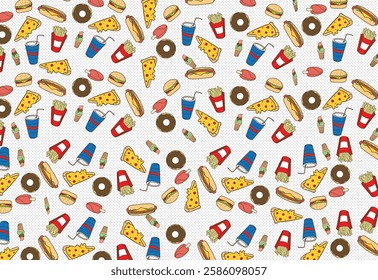 background fast food pattern or junk food pattern, full color seamless vector fast food