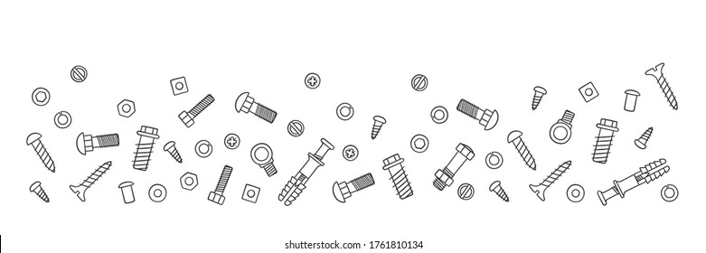 Background with fasteners. Bolts, screws, nuts, dowels and rivets in doodle style. Hand drawn building material. Vector illustration on white background