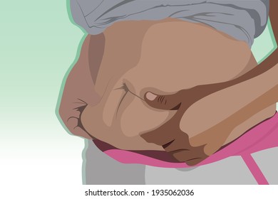Background of Fat woman hand holding her own belly fat. Healthy stomach muscle concept