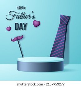 Background for Father's Day. Pedestal or catwalk with mustache, hearts and big tie.