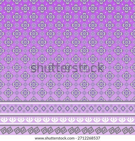 The background features layered shades of weightless purple, ranging from light to deep tones. Scattered across the entire surface are small and large floral motifs, creating a soft and decorative ove
