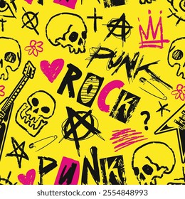 The background features a lively combination of skulls guitars hearts and punk symbols set against a bold yellow backdrop. This design captures the essence of rock culture and attitude.