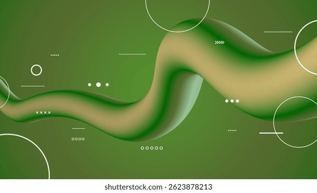 background featuring a flowing 3D fluid shape in a vibrant green and yellowish-brown, geometric elements and patterns. Use for poster, template, artwork, design, headline. vector eps10